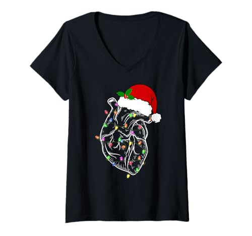 Mujer Funny Santa Hat Xmas Let It Flow Anatomy Heart Cardiac Nurse Camiseta Cuello V