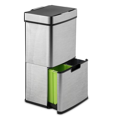 JTWWDM Basurero de Acero Inoxidable Sin Contacto, 67 L con Sensor de Movimiento, Funciona con Pilas, Extraíble para Reciclaje Ideal para Cocinas Restaurantes