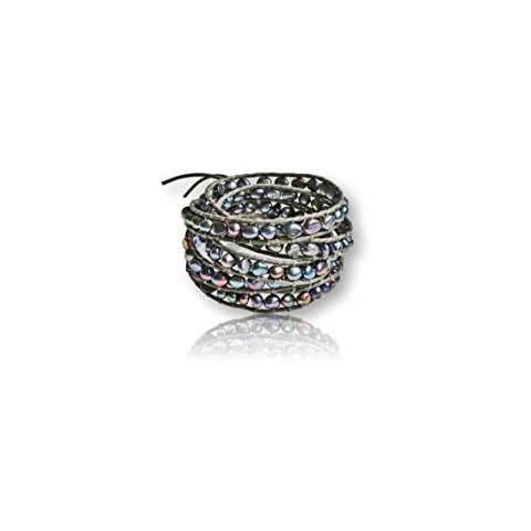Multi-layer Hand Crafted Cultured Freshwater Pearl Gemstone Beaded on Genuine Leather Boho Style Leather Wrap Bracelet Super Wrap Bracelet 35" Long, up to 5 Wraps., pearl, cultured-fresh-water-pearl Cover