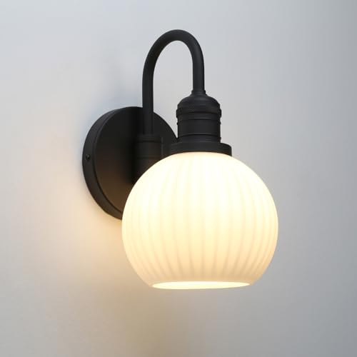 Image of Yosoan Boho Brass Vintage Bathroom Wall Sconce with Striped Shade, 1-Light Indoor Industrial Hardwired Wall Mounted Fixture, Frosted Milky White Ribbed Glass Shade for Bedroom Hallway(Black)