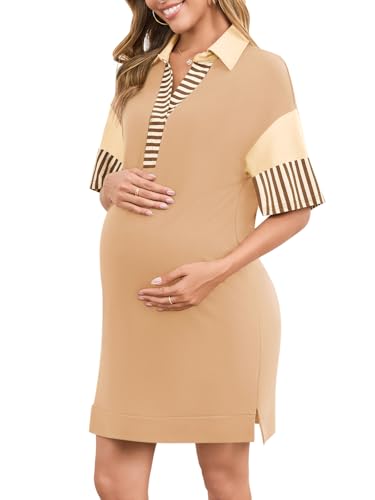 FMEYOA Vestido de maternidad para mujer, cuello en V, manga corta, bloque de color, ajuste holgado, vestido camisero casual de verano con bolsillos, Caqui, Large
