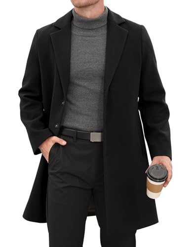 Men's Trench Coat Casual Single Breasted Long Pea Coat Notched Collar Warm Overcoat for Fall Winter with Pockets