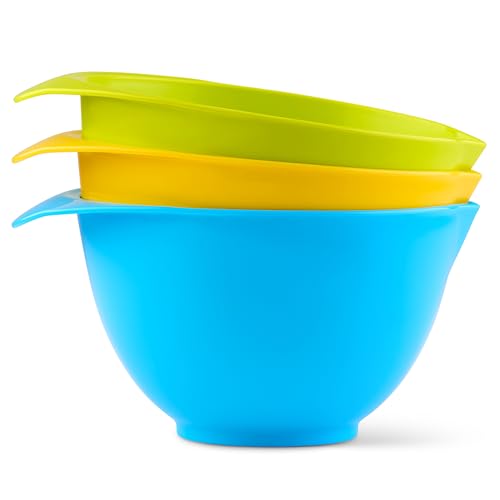 Lot de 3 bols à mélanger avec bec verseur et poignée, vert, jaune, bleu clair, joliment colorés, compacts, empilables et ergonomiques, fabriqués au...