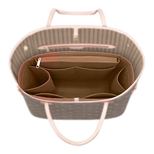 Victoria Lee Felt Cosmetic Bag Organizer Insert with zipper Bag Tote Shaper (Brown, 32CM)