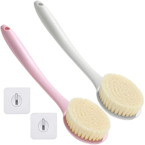 2 Pieces Soft Shower Brush with Long Handle Bath Back Gentle Exfoliation Dry Brushing Bath Body Brush Bristle Back Scrubber for Shower, Soft Brush Long Handle with Adhesive Hooks for Women Men