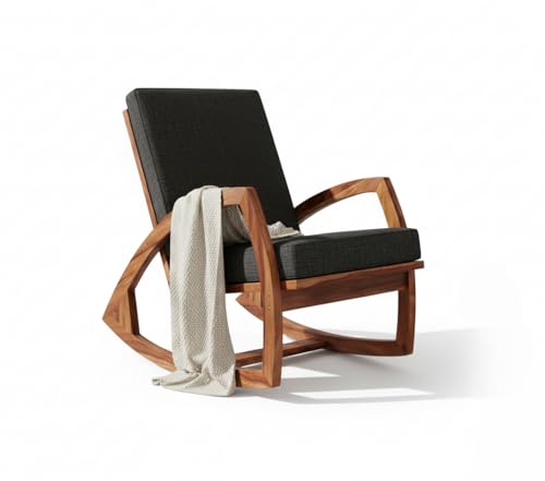 Image of Solid Sheesham Wood Rocking Chair for Living Room - Upholstered Relaxing Chair - Wooden Rocking Chair for Adults for Home Outdoor Indoor (Honey, Riley)