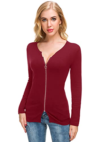 Image of Afibi Women V Neck Zip Front Long Sleeve Casual Top Blouse Shirt /Cardigan