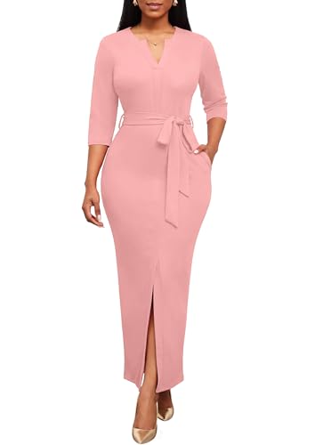 Image of Nmoder Long Maxi Dress for Women, Pencil Church Bodycon Dress Front Split | 3 /4 sleeve v neck, curvy tea party work semi formal cocktail funeral date bridesmaid dress, colorblock, m-3xl