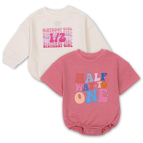 2PCS Baby Girl Halfway to One Rompers 1/2 Way to One Birthday Bodysuit Outfit, Adorable Long and Short Sleeve Set