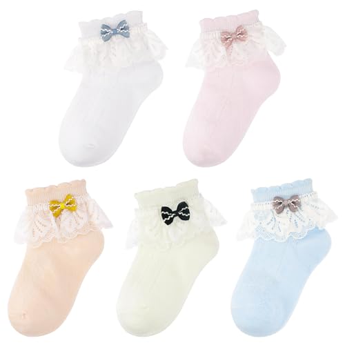 Meeshine 5 Pack Baby Girls Ruffle Lace Socks Toddler Frilly Cotton Cute Bow Knot Ankle Socks for Infant 0-3T