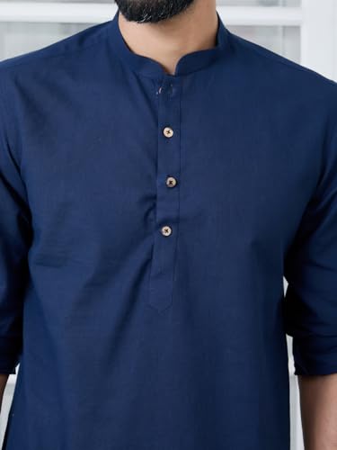 Image of See Designs Men's Roll-Up Sleeve Mandarin Collar Cotton Solid Short Kurta (Pack of 2) - Festive Collection