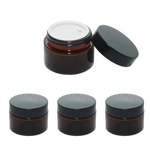 YUYUDEHM 4 Pack 1oz Amber Glass Jars with Lids, 30ml Reusable Travel Containers, Small Comestic Sample Containers for Creams, Lotion, Cosmetic and Wax