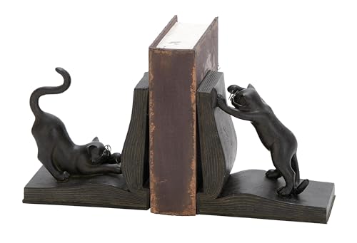 Deco 79 Polystone Cat Reading Bookends, Set of 2 7"H, 6"W, Black, Multicolored, 7" x 6"
