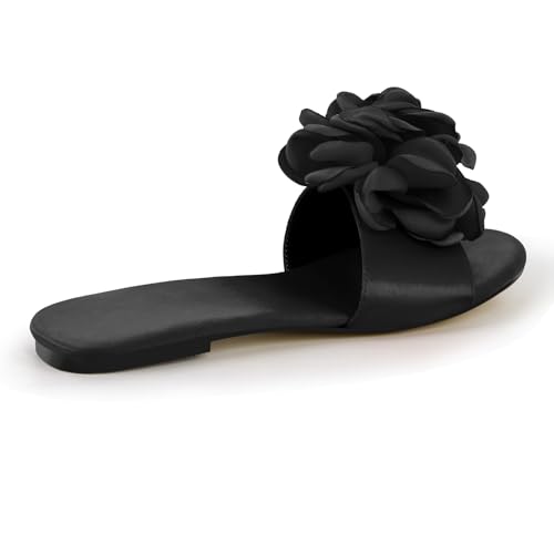 Women's Round Open Toe Floral Slides Sandals Satin Flats Shoes3