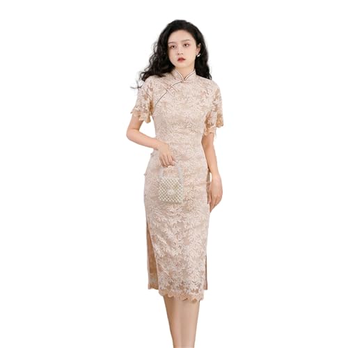 Cheongsam femme dentelle double couche robe mi-longue slim banquet été automne chic