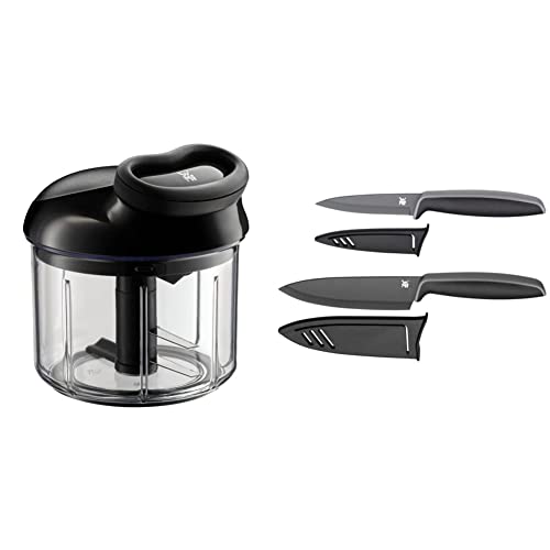 WMF Gourmet Gemüseschneider manuell mit Seilzug, 900ml & Touch Messerset 2-teilig, Küchenmesser mit Schutzhülle, Spezialklingenstahl antihaftbeschichtet, scharf, Kochmesser, Gemüsemesser, schwarz