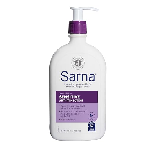 Sarna Sensitive Anti-Itch Lotion, Steroid-Free, Fragrance-Free, Vegan, Hypoallergenic, National Eczema Association Accepted, 1% Pramoxine Hydrochloride, 12 oz