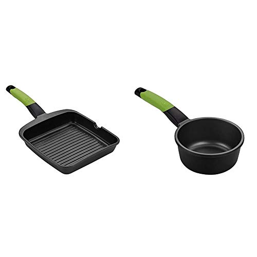 BRA PRIOR - Grill asador con rayas, aluminio fundido con antiadherente Teflon Classic + PRIOR - Cazo, 16 cm, aluminio fundido con antiadherente Teflon Classic