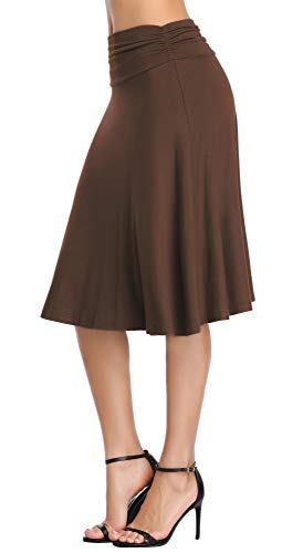 Image of Urban CoCo Women's Ruched High Waist Knee Length Jersey A-Line Stretchy Flared Casual Skirt