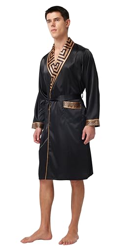 Image of TONY AND CANDICE Men's Satin Robe Lightweight Long Sleeve Silk Kimono Bathrobe with Shorts Set Sleepwear
