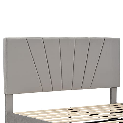 Miyzeal Storage Queen Bed With Headboard, Velvet Upholstered Platform Bed Queen Size, Big Drawer Comfortable Sleep Bed Frame With Wood Slat & Center Support Feet, No Box Spring Needed (Gray) #TOP4