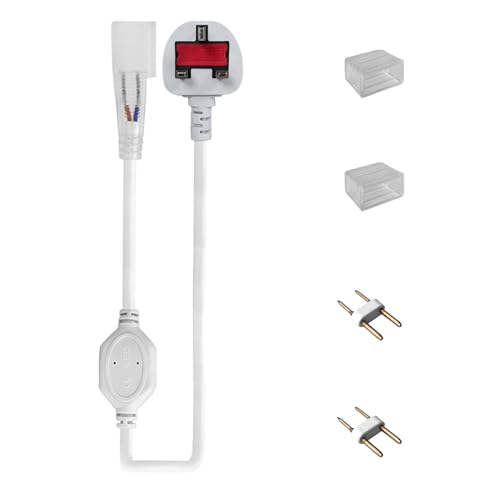 KSIBNW 1.5m LED Neon Strips Lights Power Cable with Switch Button for 220-240V LED Neon Strip, Includes 2 Pieces End Cap, 2 Pieces Pin Kit