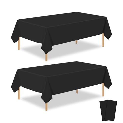 PUSAEN 2 Pack Black Plastic Table Cloth Disposable Rectangle Tablecloth 54 x 108 Inch Black Plastic Table Covers for Birthday Wedding Banquet Picnic Holiday Party Decorations