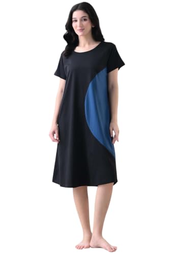 Image of Women's Night Dress Short Sleeve Round Neck Sleepwear with Stylish Contrast Panel, Comfortable Nightwear for Women