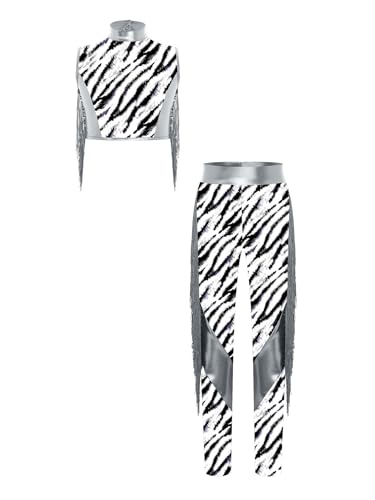 TiaoBug Girls 2Pcs Sparkle Dance Competition Outfit Shiny Glitter Latin Dance Crop Top and Leggings Set Silver 12 Years3