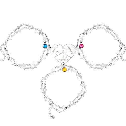 Image of 3 Heart-shaped Jigsaw Family Friendship Bracelets - Double Stainless Steel Cross Chain Birth Stone Charm Layered Heart Bracelets for Female Friendship Personalized Custom Jewelry