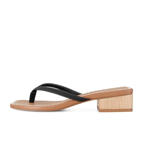 Image of DOEYG Raffia Heels Sandals Summer Beach Flip Flops Heels Square Open Toe Heeled Sandals Dressy Comfortable Slip on Thong Sandal