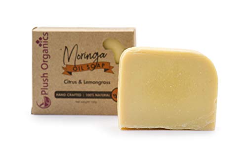 Jabón exfoliante natural hecho a mano con aceite de moringa y aceites esenciales de naranja, mandarina, pomelo y citronela para pieles extra sensibles, 100 g