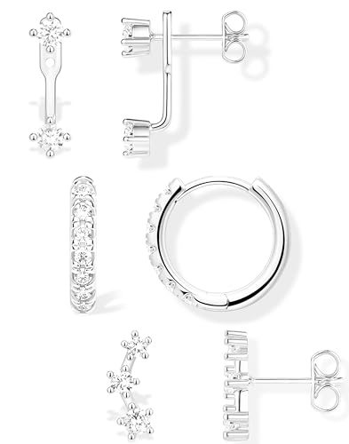 Sterling Silver Earrings for Women, 925 Sterling Silver Stud Huggie Hoop Jacket Cartilage Earring Stacks for Sensitive Ears, Dainty Women Fashion Jewelry Gifts