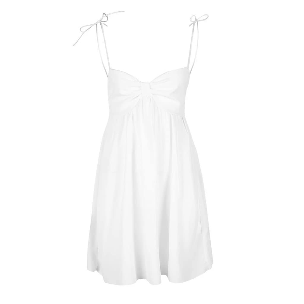 Suéter Sling Bow Señoras Vestido Corto Playa A-Line Vestido Volantes Suéter Fiesta de Vacaciones Verano Mujer/White/L