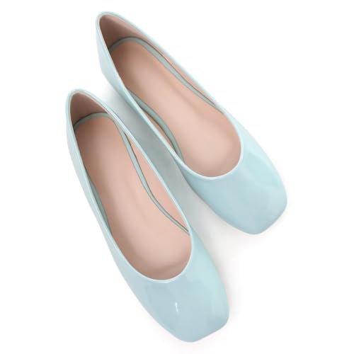 HuangTaiJi Qing Women Patent Leather Ballet Flats Square Toe Comfortable Dressy Shoes Walking Slip-Ons