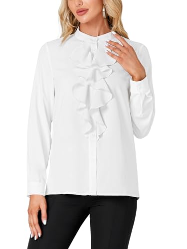 LYANER Women's Mock Neck Button Down Ruffle Front Long Sleeve Work Shirt Blouse Tops2