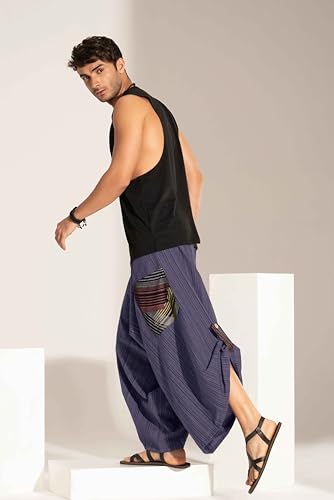 Image of The Veshti Company Cotton Baggy Pants Drop Crotch Harems for Men's Loose Boho Oversized Striped Meditation Yoga Pant with Pocket