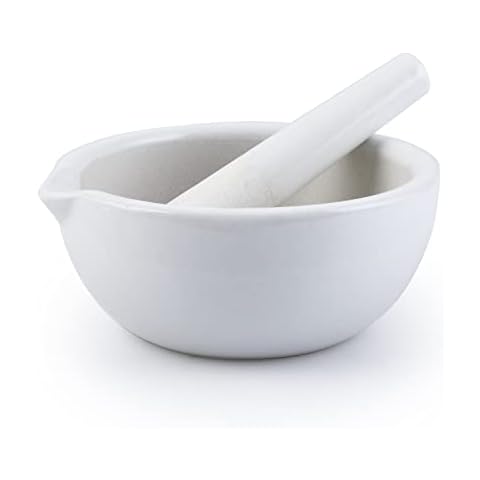 4E's USA Mortar and Pestle Set - 5.1INCH Porcelain Spice Herb Grinder Pill Crusher for Kitchen or Laboratory, Unglazed Grinding Surface, Autoclavable Cover