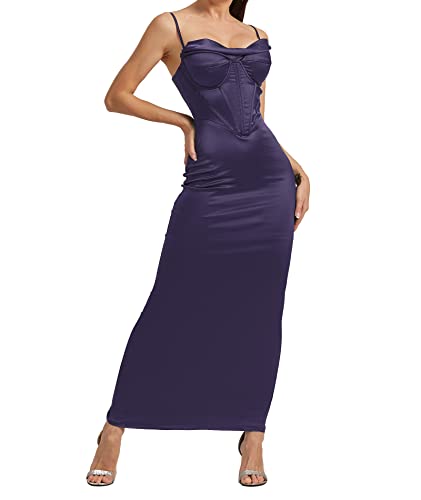 Image of Sexyshine Women's Spaghetti Strap Cowl Neck Satin Corset Dress Bodycon Backless Formal Evening Party Maxi Dress