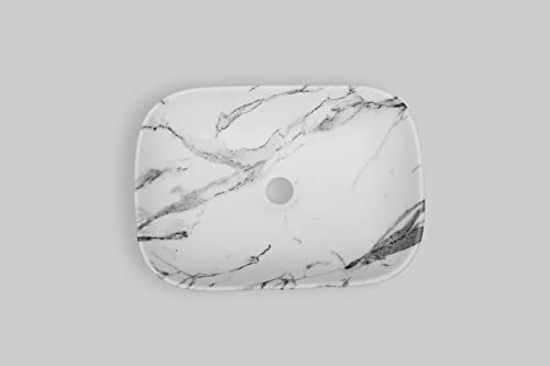 Image of REMOTION Designer Glossy Finish Table Top Ceramic Wash Basin Vessel Sink with Slim Rim |Collapsible Wash Basin | Vessel Sinks For Bathrooms (White-Grey Wash Basin, 18 x 13 x 5.5 Inch)