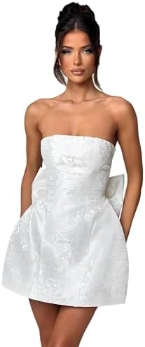 JUMISEE Embroidery Satin Homecoming Dress with Bow Modest Strapless Mini Dresses A Line Short Prom Dress Party Gown White