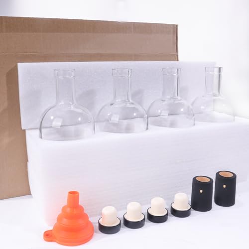 GUANENA 4 Pack 25oz Clear Glass Bottles with Cork Lids and PVC Shrink Capsules, 750ml Liquor Bottles with T-shaped Caps, Empty Heavy Base Wine Bottles for Wine, Whiskey, Soda, Beer, Juices, Beverages
