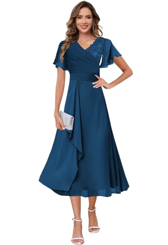 Women's V Neck Short Sleeve Mother of The Bride Dress Tea Length Lace Pleated Ruffle Evening Formal Gown