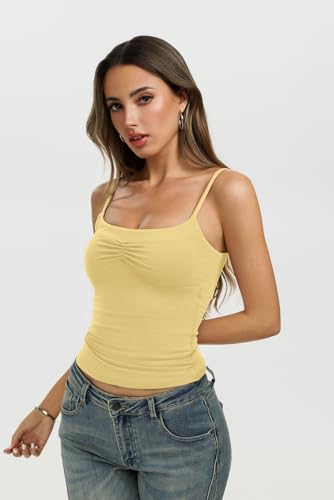 REORIA Womens Sexy Square Neck Tank Tops Adjustable Cami Tank Summer Basic Double Lined Sleeveless Shirts Y2K Trendy Going Out Tops, Yellow Small — view 2