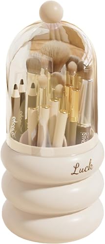 IQQOPVHG メイクブラシケース 360°回転 メイクブラシスタンド メイクブラシ 収納 蓋付き クリアメイクブラシオーガナイザー 大容量 防湿 防塵 省スペース 小物入れ 仕切り おしゃれ 収納ボックス (ベージュ)