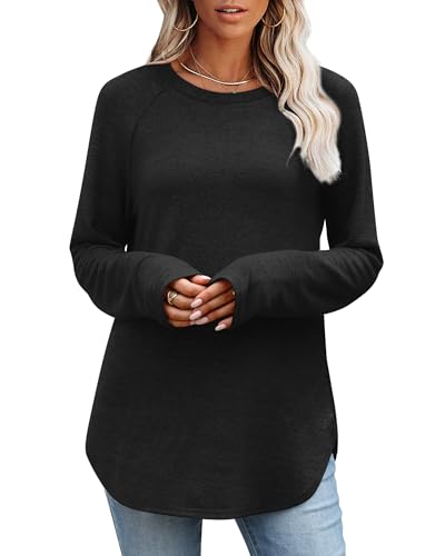 OFEEFAN Long Sleeve Shirts for Women Loose Fit Tunic Tops Dressy Casual Crew Neck Pullover Sweaters Fall Outfits Clothes 2025
