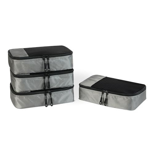 Amazon Essentials 4-teiliges Packwürfel-Reisezubehörset, Gepäckorganizer mit Doppelreißverschluss, Netzoberseite, 100% Polyester, klein, grau (früher Amazon Basics)