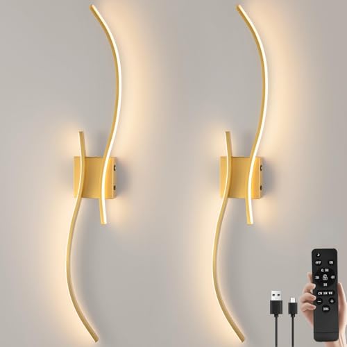 Image of CANEOE Battery Operated Wall Sconce Set of 2, 18000mAh Gold Rechargeable Wall Lights with Remote Control,3000K-6000K Dimmable LED Wireless Wall Light for Living Room Bedroom Hallway,39.3 Inch (Gold)