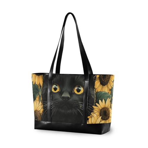 KLL Black Cat Sunflower Daisy Spring Sturdy laptop totes with zipper large tote Large Handbag for travel with bolso para laptop mujer