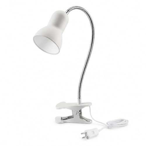 Image of BURAKH Clip On LED Desk Lamp, 5W Eye Caring Reading Light with Flexible Gooseneck, Steel Clip Clamp, On/Off Cable Switch, White Housing – Adjustable Study & Book Light (White)